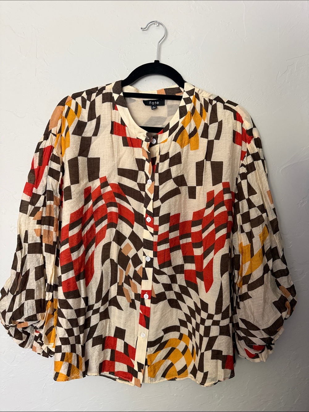 Fate Geometric Button-Front Blouse in Cream, Red, Brown & Yellow